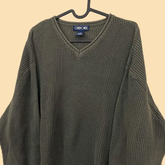ashy green vintage 90s oversized essential basic vneck cotton knit sweater - Picture 2 of 8